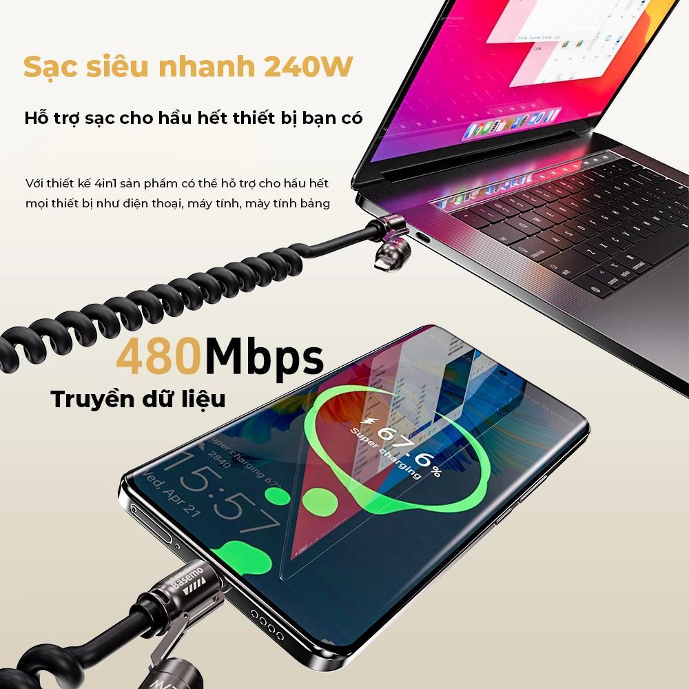 Cáp Sạc Lò Xo Đa Năng BC29 PLUS Sạc Nhanh 240W, Cáp Sạc Nhanh 4 IN 1 Chống Rối, Sạc Nhanh 240W | BigBuy360 - bigbuy360.vn