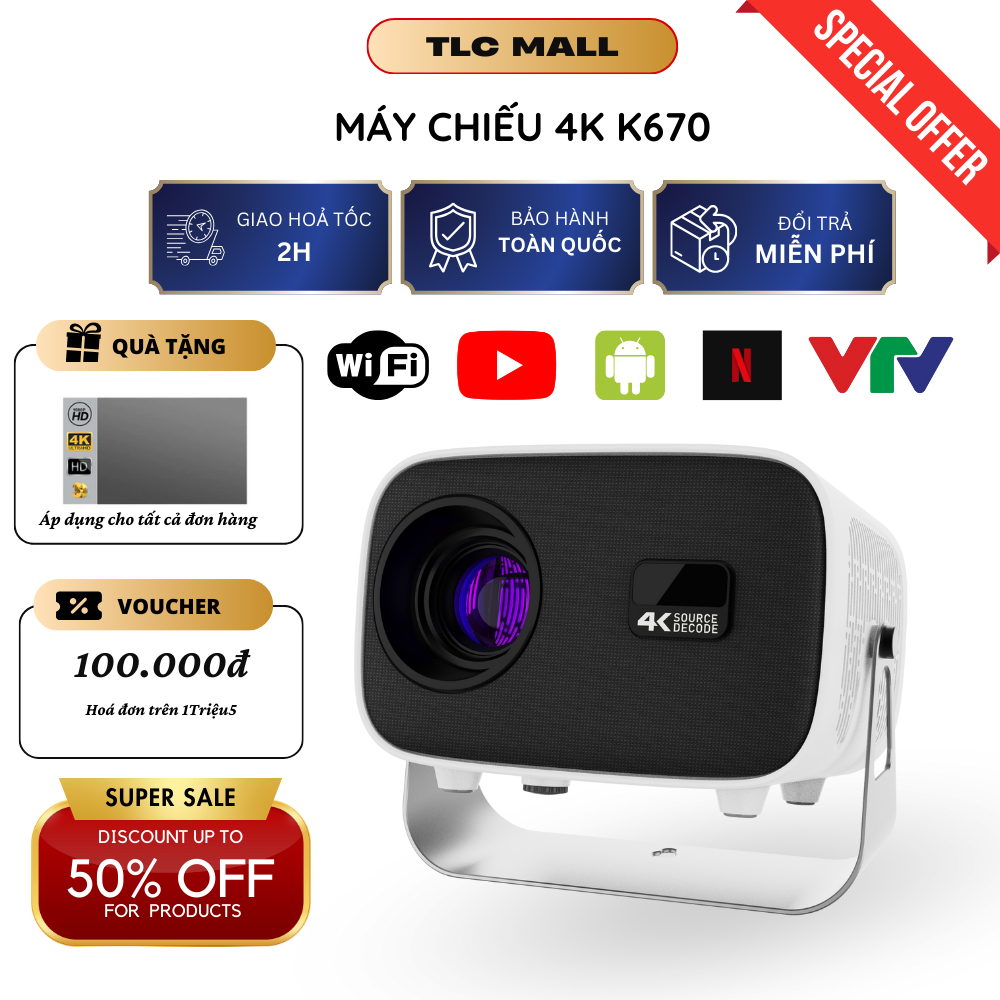 Máy Chiếu Mini K670 KAW/SWI Siêu Nét Hỗ Trợ 4K, Độ Sáng Cao, Xoay 360°,Chiếu Mọi Góc Độ, BH 12 Tháng