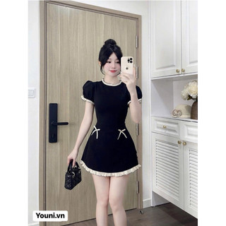 Váy đầm nữ cổ phối bèo trắng kèm nơ phong cách tiểu thư,đầm nữ đen,đầm đi chơi,đầm đi tiệc(ảnh thật)