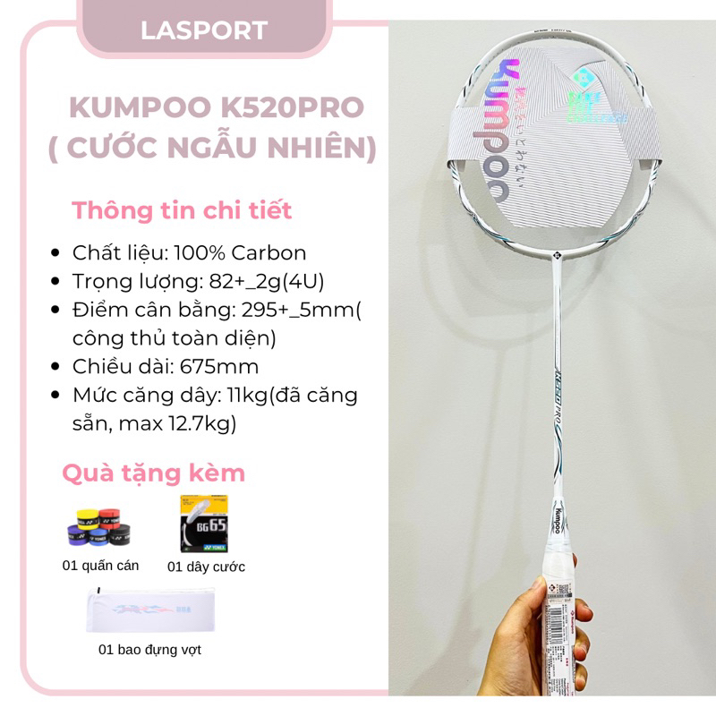 Vợt cầu lông Kumpoo K520pro chính hãng, căng sẵn 11kg tặng kèm bao đựng và quấn cán