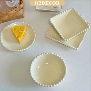 Set bát ,đĩa nhỏ đựng bánh tráng miệng viền hạt màu kem phong cách Hàn- H2decor