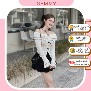 Set áo len trễ vai đính nơ xẻ tà và chân váy tầng, áo len thun, chân váy lụa phối ren có lót quần đùi - GEMMY