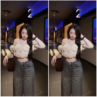 Áo Croptop Trễ Vai Đính Bông Thiết Kế Sang Chảnh Co Dãn Chất Vải Voan Dễ Mặc Có Bo Chun Bông Hoa May Trực Tiếp Lên Áo