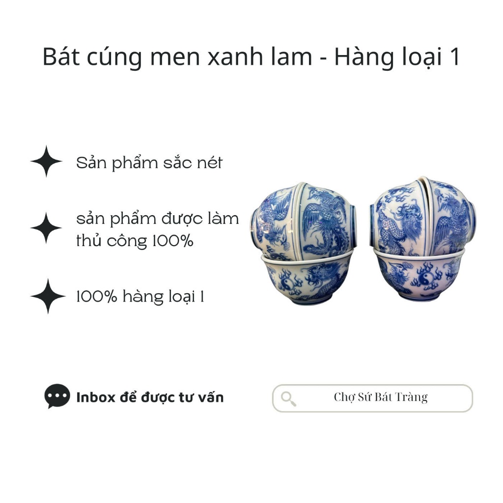 Combo 6 Bát cúng thờ - men xanh lam - Chợ Sứ Bát Tràng