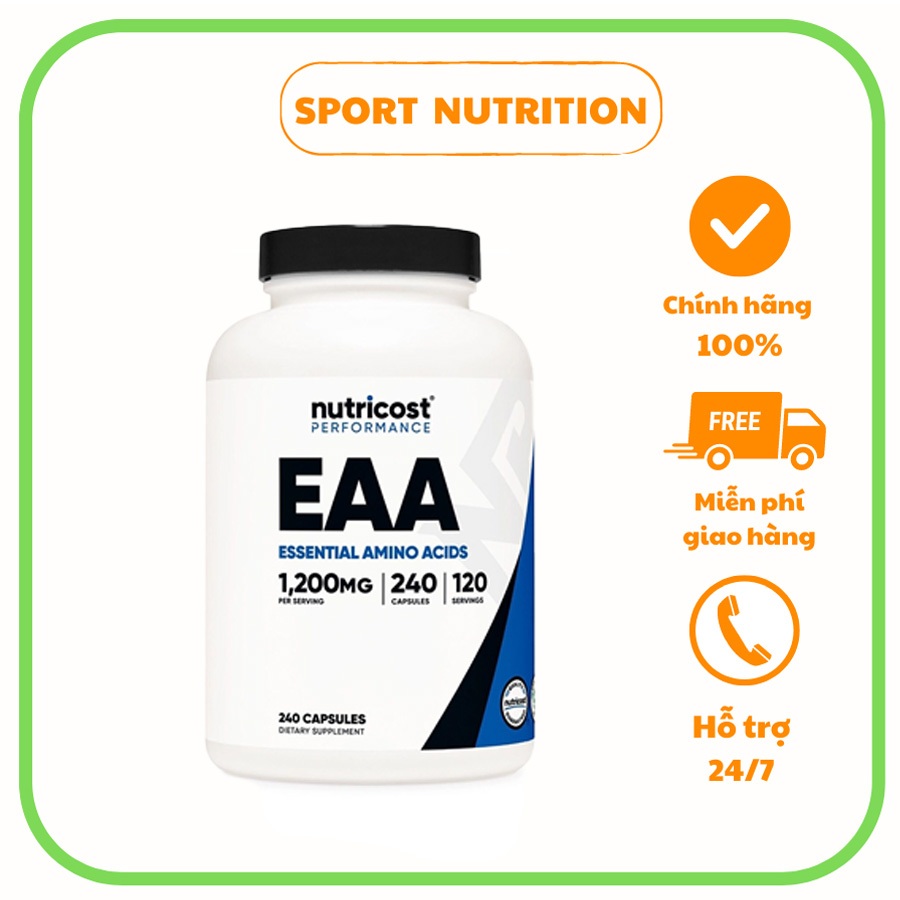 Viên uống Nutricost EAA 1200mg - Essential Amino Acids bổ sung axit amin cần thiết, phát triển cơ bắ
