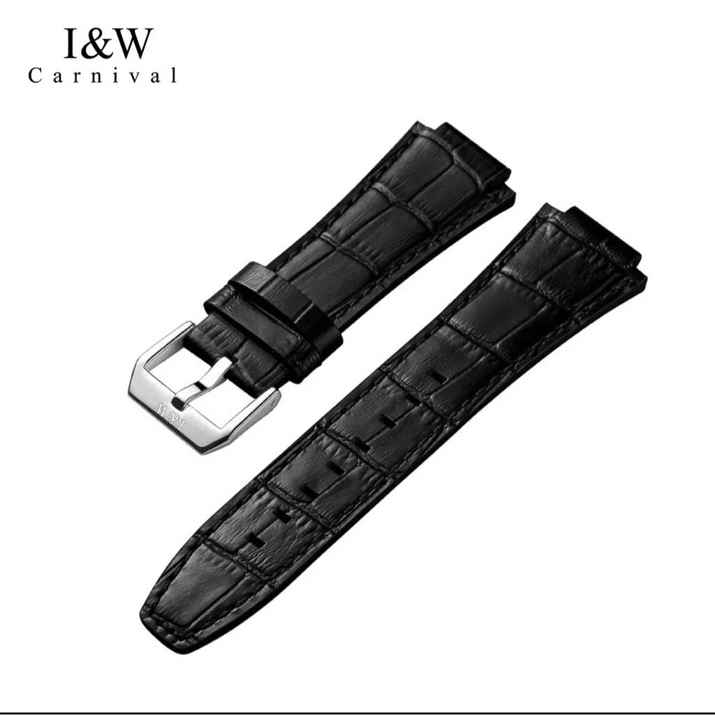 Dây da đồng hồ nam I&W Carnival 735G - 751G - 721G - 711G - Màu Đen khóa cài