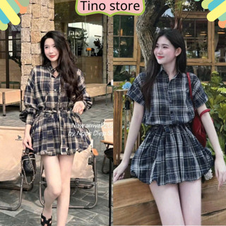 Sét đồ nữ-chân váy bí xòe mix với áo sơ mi kẻ dài tay