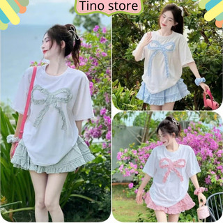 Váy xòe mix với áo phông nơ kèm buộc tóc cho các tiểu thư (sét 3 món)