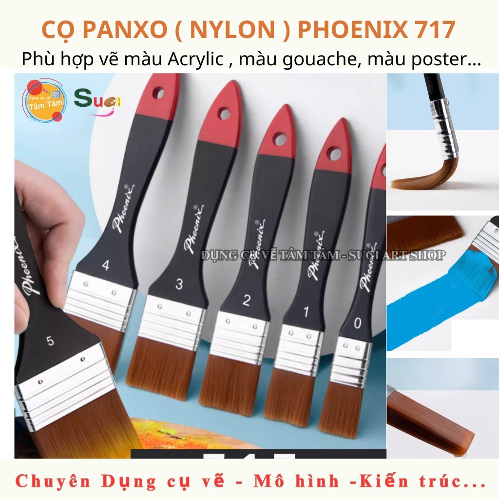 [ Tâm Tâm ] Cọ bản Ngang Phoenix 717 , Cọ Panxo đầu bằng , Sợi Nylon vẽ màu Acrylic , Gouache