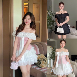Bigsize Set áo trễ vai phối nơ to kèm chân váy tầng dễ thương xinh 55-95kg S468