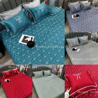 Bộ Ga Gối Lụa Thái Trần Bông Trơn 1 Màu Hoạ Tiết Thêu Mới Bo Chun Bọc Đệm