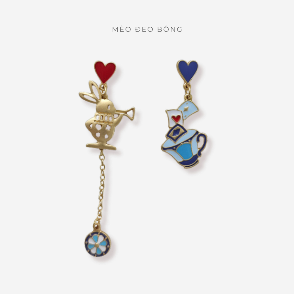 [CÓ SẴN - CÓ DẠNG KẸP] Bông tai MÈO ĐEO BÔNG Thỏ ALICE Vàng