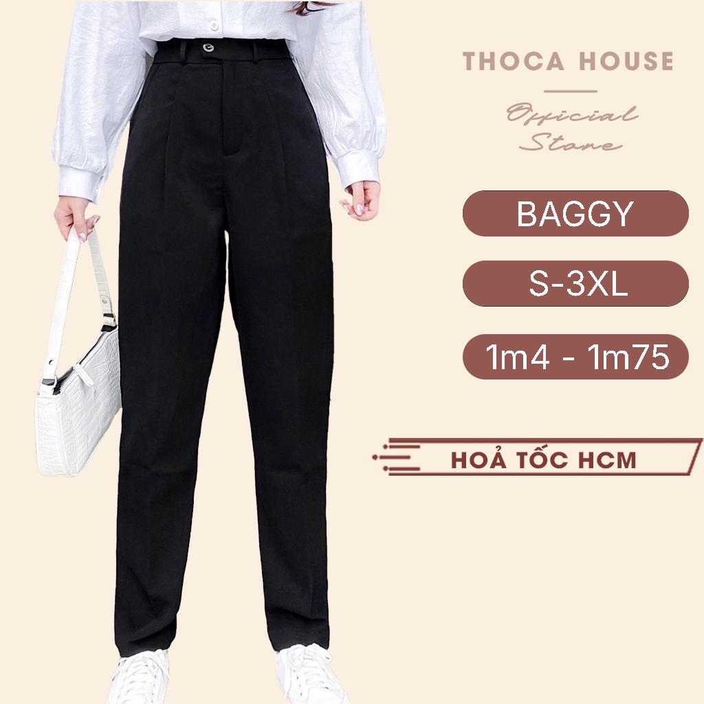 Quần tây nữ baggy công sở đi làm, đi học đen, xanh đen có đai lưng THOCA HOUSE quần baggy lưng cao