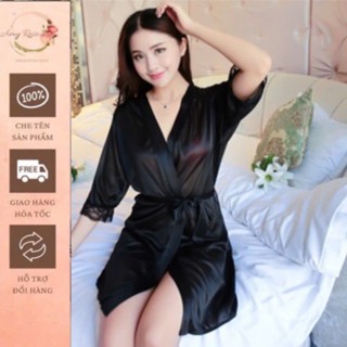 Áo choàng ngủ Đồ ngủ  satin phi lụa trơn  phối ren sexy cho nữ xuyên thấu gợi cảm