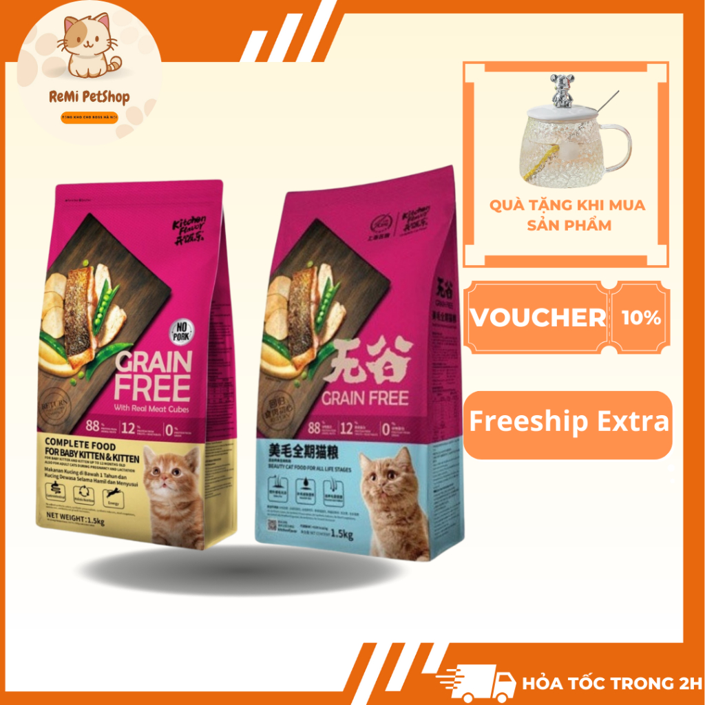 Hạt cho mèo Grain Free Kitchen Flavor, Thức ăn hạt cho mèo Kitchen Flavor - Túi 1.5kg