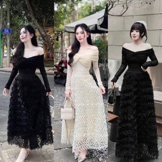 Bigsize Set áo ren xốp tay dài xoắn kèm chân váy voan dáng dài gợn sóng thiết kế 55-95kg S486