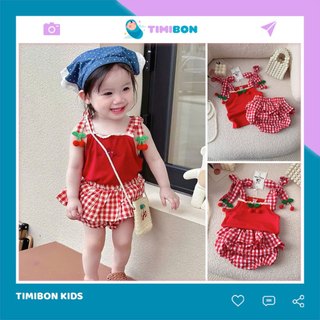  Set Áo 2 Dây Phối Quần Chip Váy Đính Cherry Cho Bé Gái Bộ Quần Áo Trẻ Em Cưng Xỉu  B13  