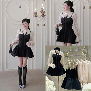 Set váy yếm đầm, yếm 2 dây quây cúp ngực, áo sơ mi voan tơ bèo, thiết kế cao cấp sang chảnh quây cúp ngực tiểu thư