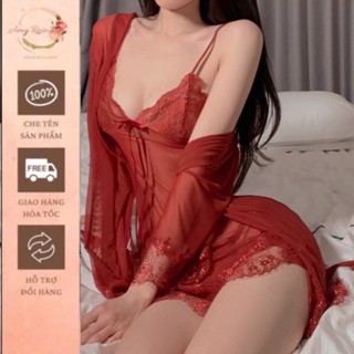 Váy ren sexy , Set đồ ngủ sexy nữ gồm váy và áo choàng kiểu đầm 2 dây xuyên thấu có quần lót khiêu gợi l