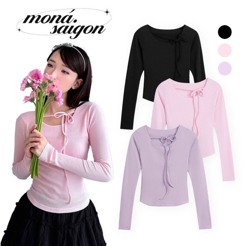 pass thanh lí áo local brand Moná Saigon thun ôm cổ vuông tay dài mới new tag