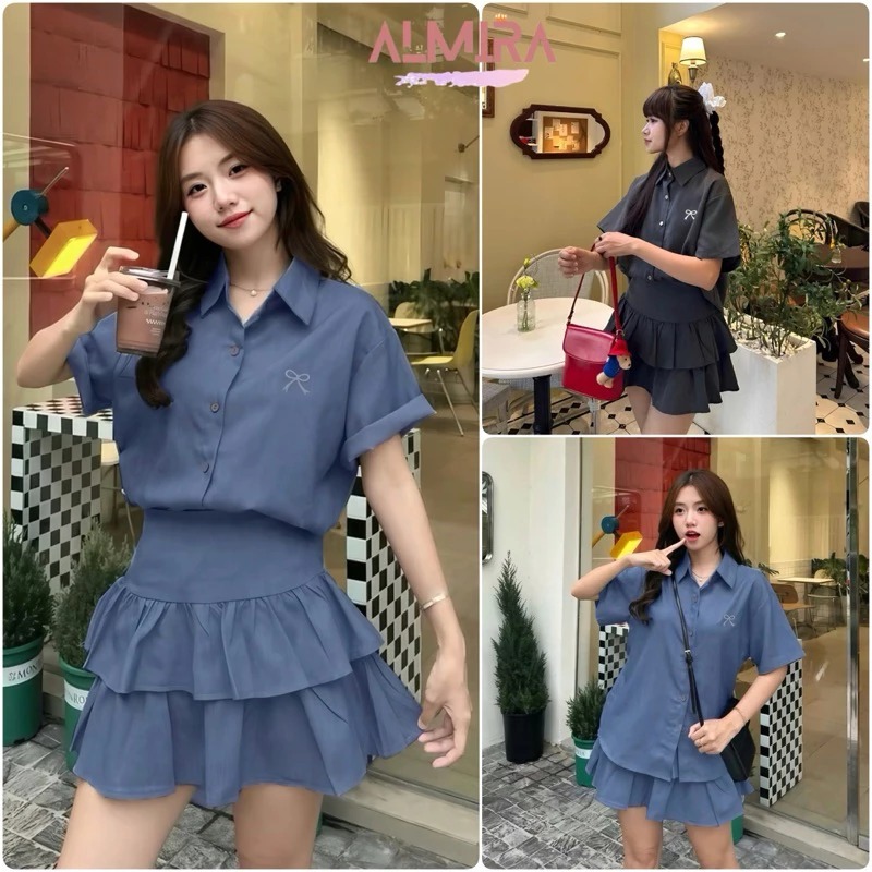 Sét Váy Nữ Gồm Áo Sơ Mi Tay Ngắn Thêu Nơ Kèm Chân Váy 2 Tầng, Chất Thô - Top, Women (LA120)