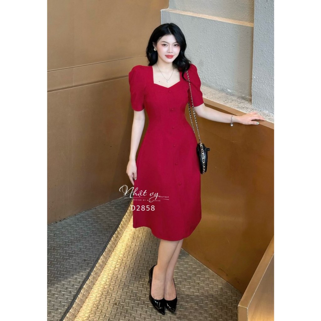 Đầm cổ vuông Nhật Vy tay phồng đính nút bọc chất lụa phù hợp công sở đi chơi cafe - D2858 | BigBuy360 - bigbuy360.vn