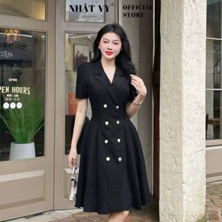 Đầm cổ vest công sở Nhật Vy dập ly đính cúc chất linen gân phù hợp dạo phố cafe sang chảnh - D2786