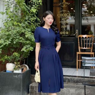 Đầm công sở Nhật Vy tay ngắn phối betl chất lụa dáng dài phù hợp đi làm dự tiệc dạo phố - D2985