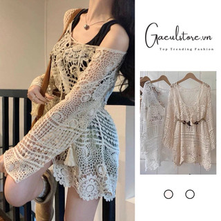 Gaeul store- ship hỏa tốc- Áo choàng lưới đi biển mặc ngoài bikini dáng dài dây rút cổ áo( không kèm đai)