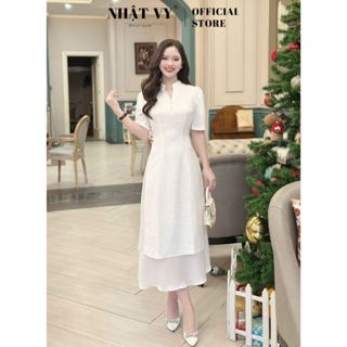 Áo dài cách tân thiết kế Nhật Vy cổ tàu đính nút chất gấm hoa nổi phối chân váy lụa đi chơi tết - D3208