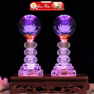 Đèn Thờ Pha Lê Cầu Nguyên Khối Có Led 7 Màu CHÂN THIỆN MỸ, Trang Trí Bàn Thờ Phật, Gia Tiên PLC-08
