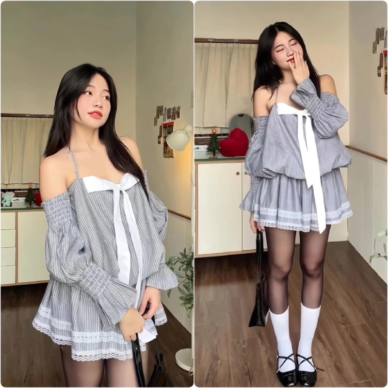 Váy Trễ Vai Kẻ Xốp Dáng Bí Nơ Trước Phối Ren (Kèm Quần Trong) (LA122)