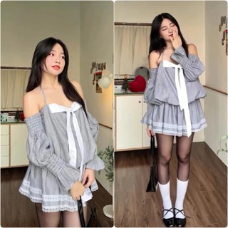 Váy Trễ Vai Kẻ Xốp Dáng Bí Nơ Trước Phối Ren (Kèm Quần Trong) (LA122)