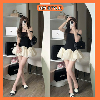 Váy trễ vai phối tùng xốp, đầm bẹt vai tiểu thư phối tùng dáng xoè sang chảnh HV60