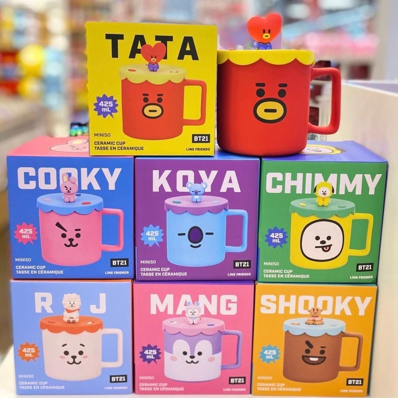 Ly Cốc Sứ MINISO BT21 Có Tay Cầm Dung Tích 425ml Kèm Nắp Đậy Ceramic Cup và Bộ cốc nhà tắm MINISO BT