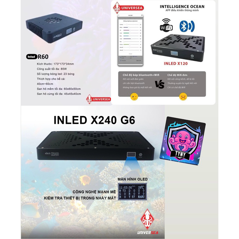 ( CHÍNH HÃNG )Đèn led  Inled X120,Inled x240 Inled R60 G6 WIFI cho bể cá biển, bể san hô chuyên nghi