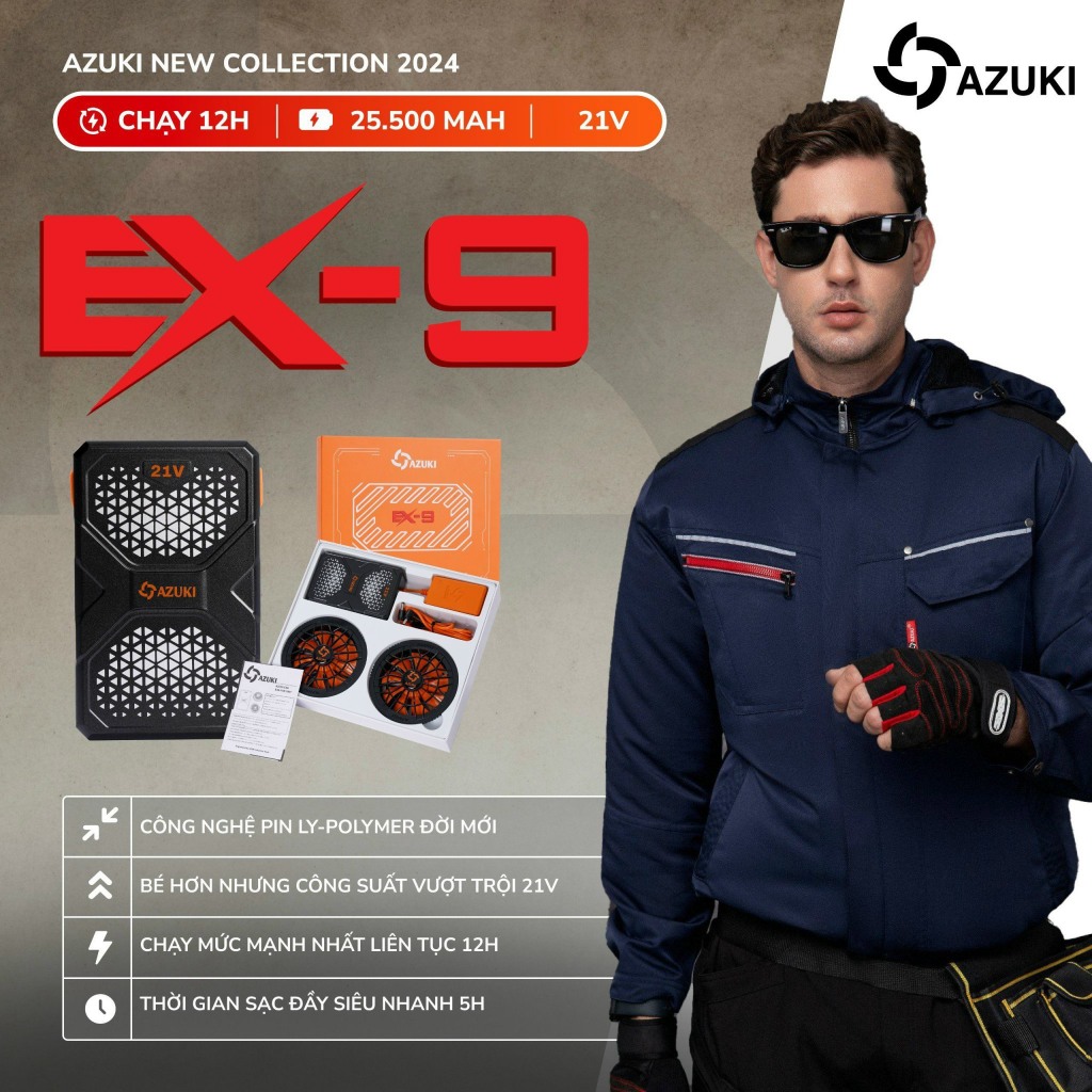 Áo điều hòa AZUKI EX9 hot nhất 2025,pin 25.500 Mah, quạt 21V chạy dài nhất thị trường 12->24 tiếng [
