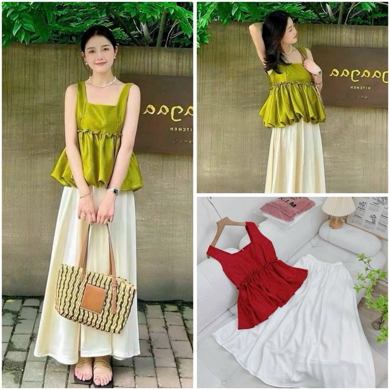 ( Sam’s Clothing ) Set áo 2 dây peplum bảng to + Chân váy midi dáng dài