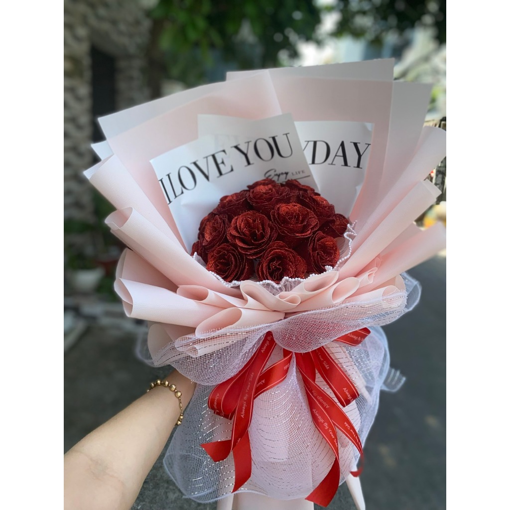 Bó hoa hồng nhũ kim tuyến 15 bông- hoa sáp 15 bông 7 lớp