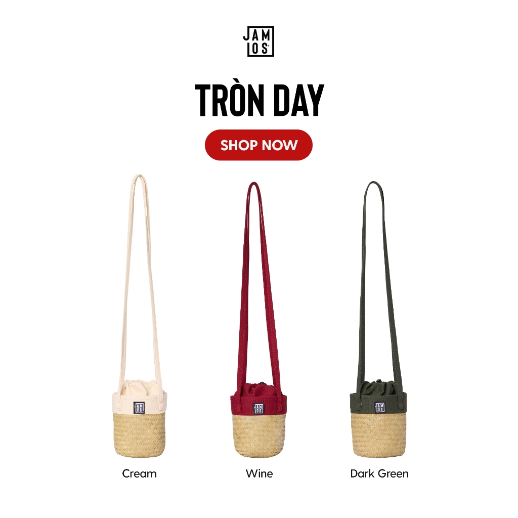 Tròn Day - Túi đeo chéo cỏ bàng Huế phối vải canvas Jamlos dáng trụ tròn dây rút