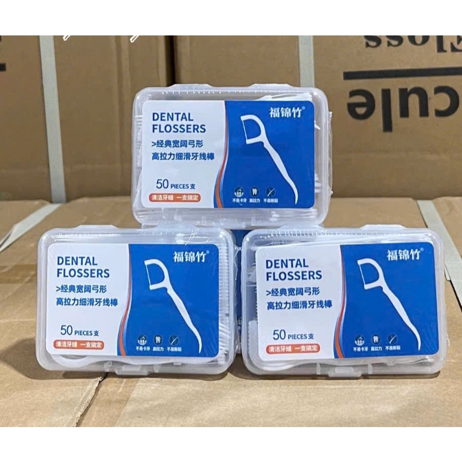 Hộp 50 Tăm chỉ nha khoa Dental Flossers vệ sinh răng miệng bảo vệ nướu làm sạch kẽ răng hiệu quả