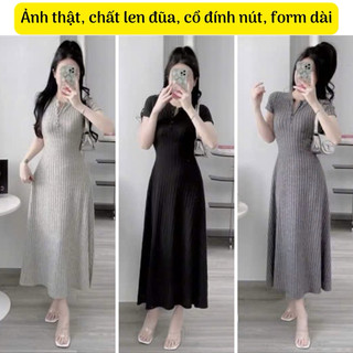 Đầm body cổ tròn tay ngắn lật lai form dài trơn chất tăm QC xịn co giãn nhiều màu xinh