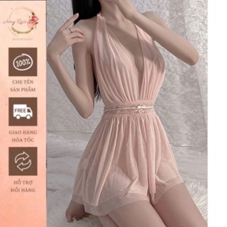Đầm ngủ nữ sexy kiểu áo yếm hở lưng , Váy ngủ sexy ren lụa kèm quần lót lọt khe gợi cảm-AMY ROSE