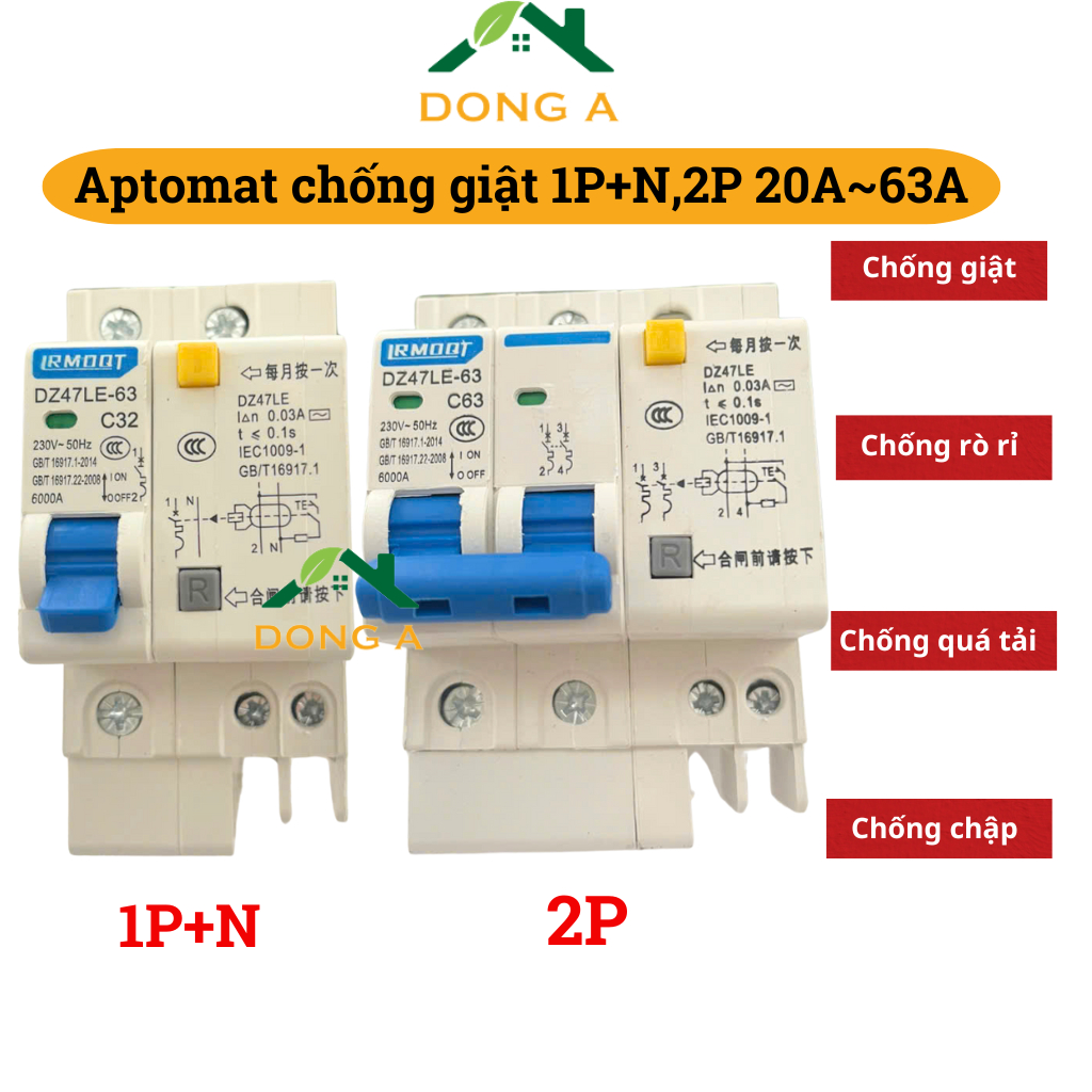 Aptomat chống giật, attomat chống chập 2P, 1P+N 20A, 32A, 40A, 63A