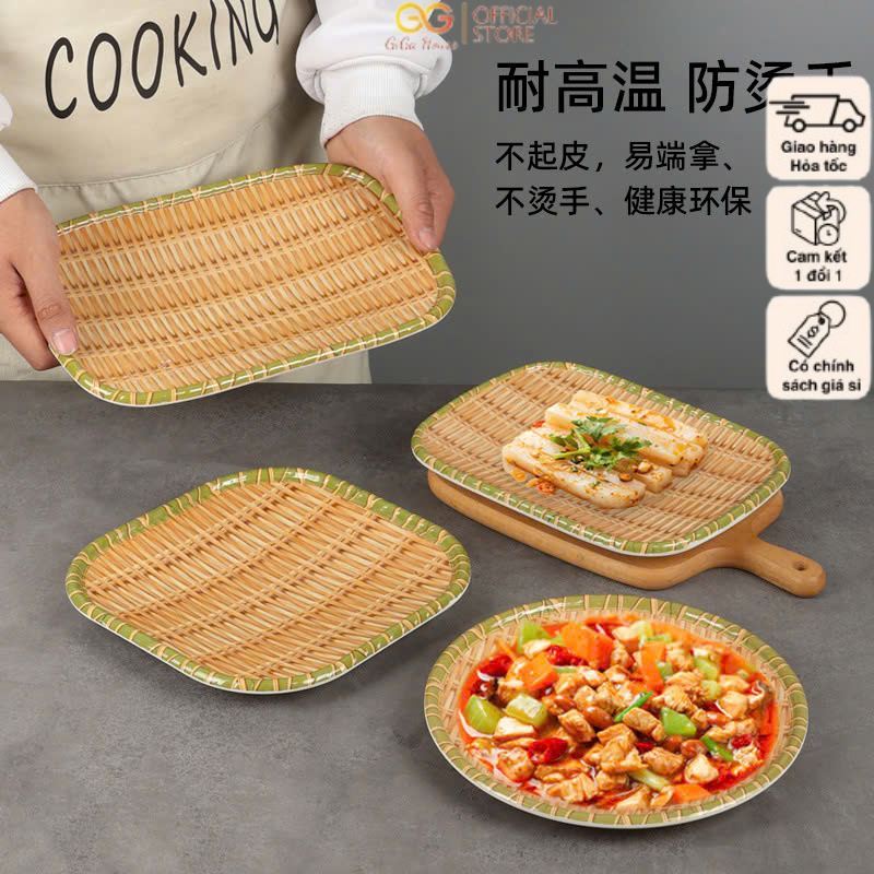 Đĩa nhựa phíp giả mây đan tre 3 chân  nhiều hình dạng GIGA HOUSE, mẹt tròn, vuông đủ size, kích thước đựng đồ ăn, hoa qu