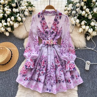  HA5613  Sẵn một số size  Váy suông cổ vest thanh lịch kiểu Pháp dài tay in họa tiết dáng váy chữ A cài khuy đơn 