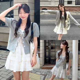 Set đồ nữ 3 món, Áo 2 dây kèm áo khoác len đính nơ mix chân váy xòe phong cách tiểu thư Hàn Quốc