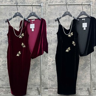 Váy hai dây nhung the dáng xuông khâu 3 con ong vàng