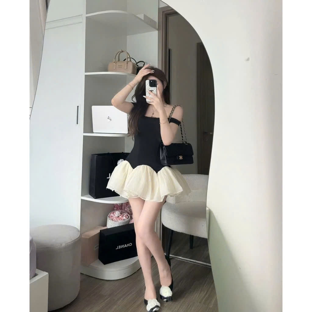 Váy trễ vai phối tùng xốp dáng xòe phồng tiểu thư kèm quần bảo hộ rời NA11 | BigBuy360 - bigbuy360.vn