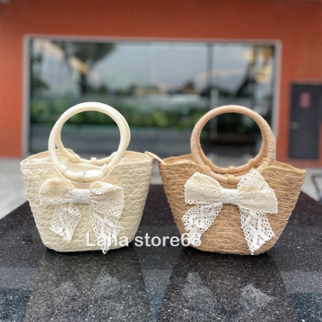 Túi cói quai tròn size nhỏ 25cm cầm tay xinh xắn có khoá kéo (SG37)